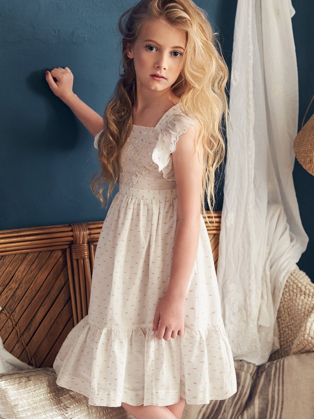 Nellystella Girls' Cream  & Gold Sleeveless Ruffle Hem Dress
